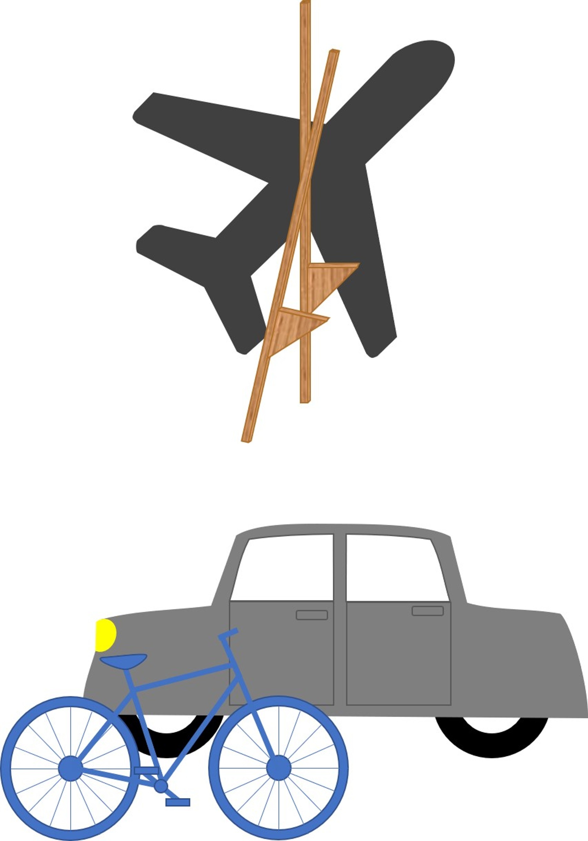 Image of two wooden stilts and a plane, flying over a grey car and a blue bicycle